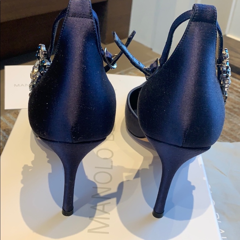 Like New Manolo Blahnik Navy Satin Crystal Pumps - Picture 5 of 8
